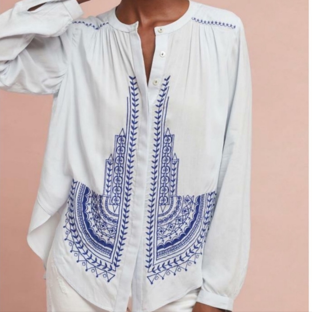 Light Blue Embroidered Split-Neck Blouse - Picture 3 of 8